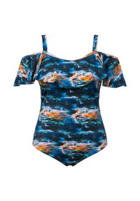 Maillot de bain multicolore avec une base noire et des motifs bleus, orange et roses, manches volantes dénudées, bretelles ajustables et un design ajusté.
