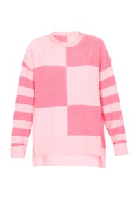 Maglione rosa con una combinazione di motivi solidi e a righe, con scollatura rotonda e orlo a coste. Tessuto morbido e vestibilità comoda.