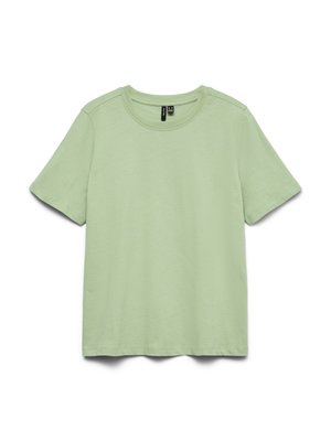 Tricou verde deschis cu mânecă scurtă și guler rotund, cu tiv drept, afișat întins pe un fundal alb.