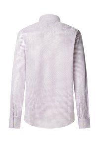 Camicia bianca a maniche lunghe con un motivo a quadri viola e navy, dotata di colletto button-down e maniche con polsini decorati da bottoni.