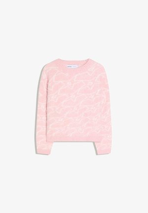 Svijetloružičasti džemper s dugim rukavima s diskretnim apstraktnim bijelim uzorkom, okruglim izrezom i rebrastim manžetnama te rubom.