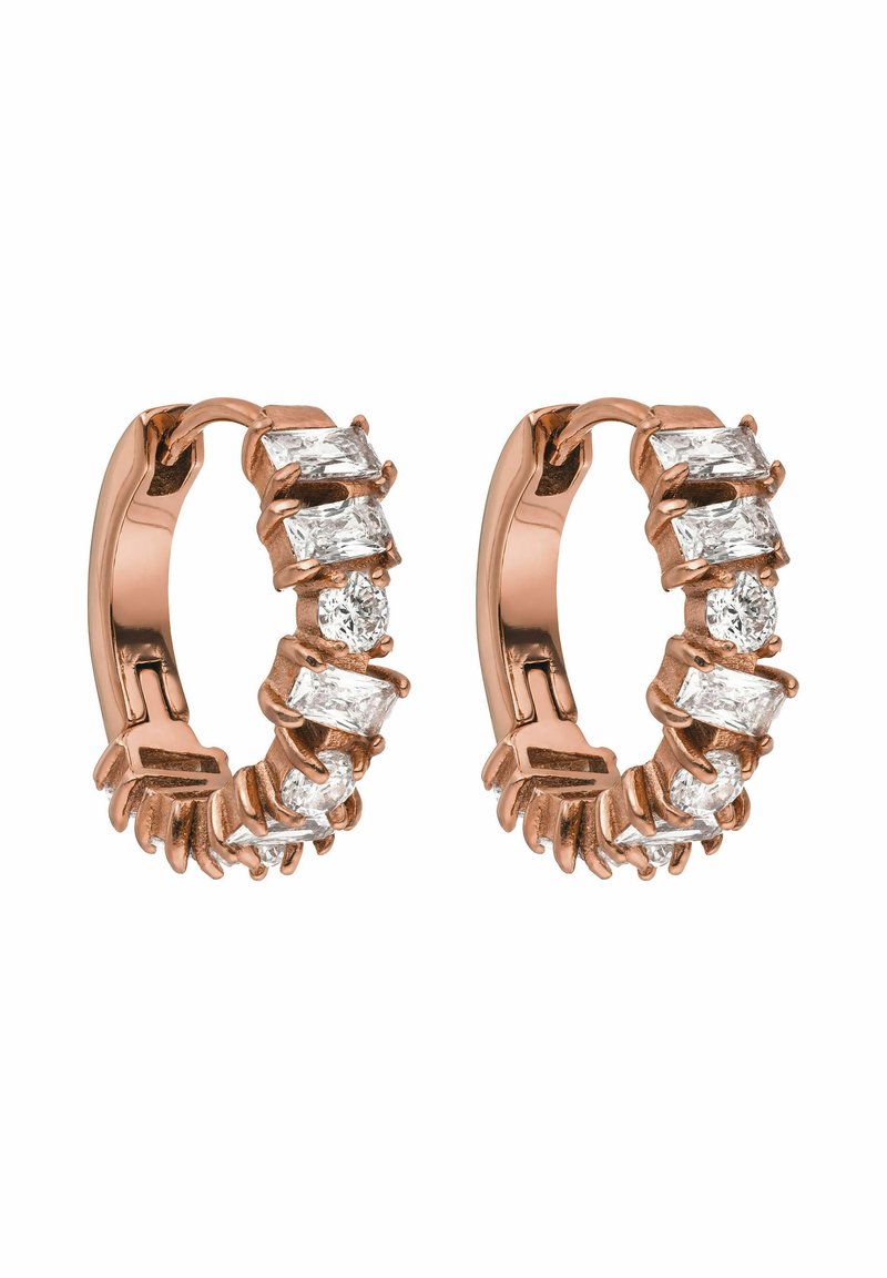 Creolen aus Roségold mit einer Reihe abwechselnd rechteckiger und runder klarer Edelsteine, die in einem krallenartigen Design gefasst sind.
