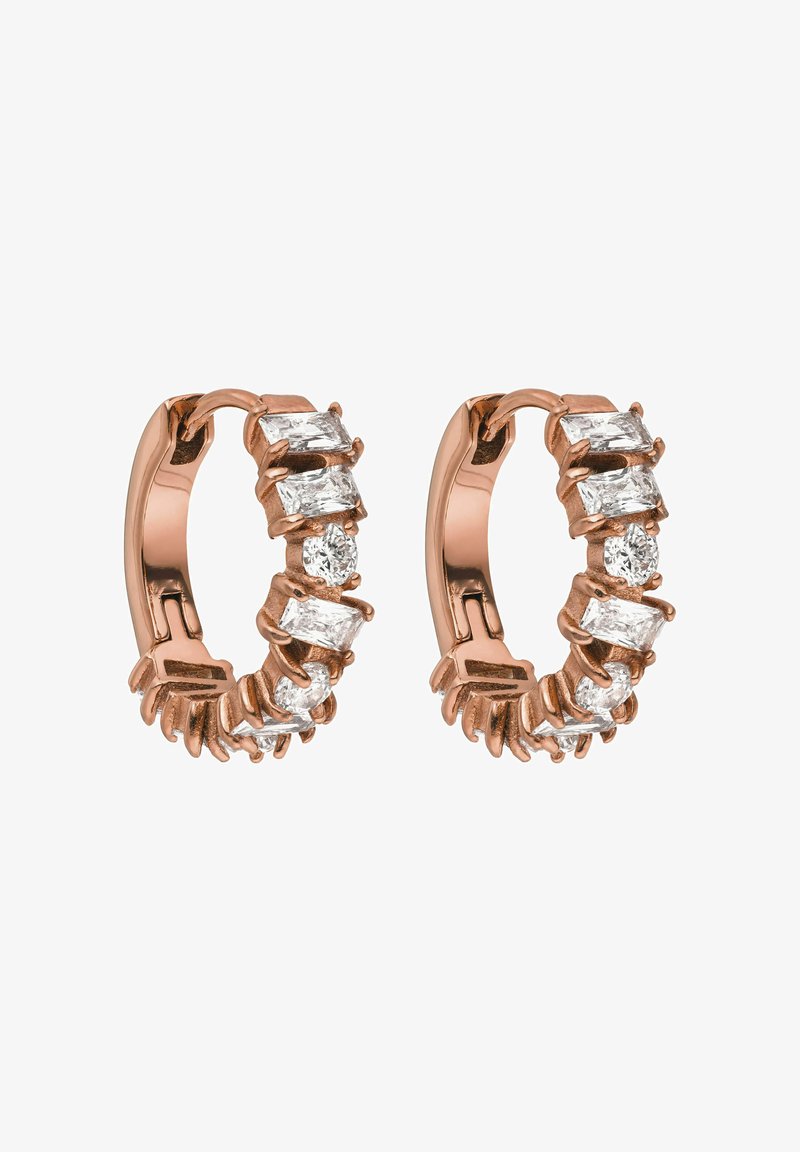Creolen aus Roségold mit einer Reihe abwechselnd rechteckiger und runder klarer Edelsteine, die in einem krallenartigen Design gefasst sind.