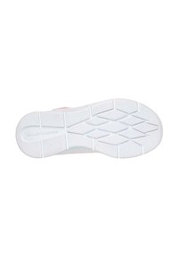 La suela del zapato presenta una superficie de goma blanca texturizada con un patrón de diamante y secciones segmentadas para proporcionar tracción. La marca "SKECHERS" es visible.