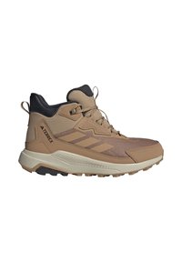Beige Wanderhalbschuh mit einem Obermaterial aus Mesh, Gummisohle und Schnürdesign. Verfügt über eine verstärkte Zehenkappe und Unterstützung für die Achillessehne.