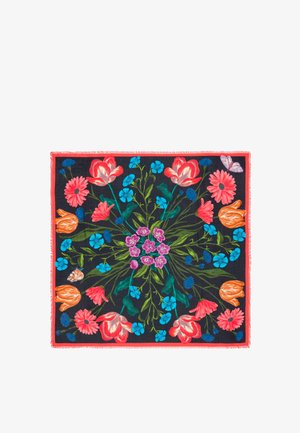 Foulard floreale quadrato con uno sfondo scuro e vivaci fiori rosa, arancioni e blu. I bordi sono rifiniti con frange rosse.