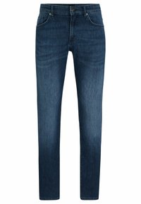 Jean en denim bleu foncé avec une coupe droite, poches avant et une texture légèrement décolorée. Comprend une fermeture à bouton et à fermeture éclair.