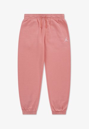 Růžové tepláky s elastickým pasem a stahovací šňůrkou. Na levém stehně nahoře je bílý logotyp a na kotnících jsou elastické manžety.