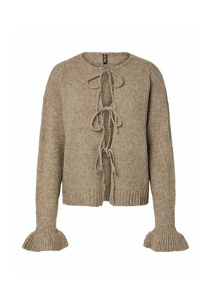 Béžový pletený cardigan s kulatým výstřihem, zavazováním vpředu a zvonovými rukávy. Ribbenčité okraje a měkká textura.