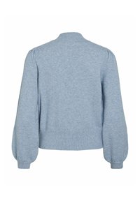 Pull en maille bleu clair avec manches longues bouffantes, poignets côtelés et ceinture côtelée vu de dos.