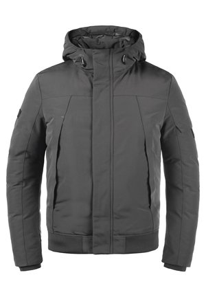 Mörkgrå jacka med huva, med en slät yta, zip-up front, ribbad nederkant och ärmslut, samt sidofickor. Enkel och funktionell design.