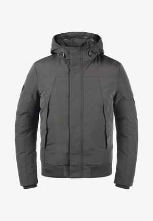 Dark gray jacket with a hood, featuring a smooth texture, zippered front, ribbed hem and cuffs, and side pockets. Simple, functional design.