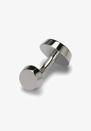 Zilveren metalen dumbbell met een gladde, gepolijste afwerking. Kenmerkt zich door een ronde kop en een rechte handgreep, die licht reflecteert.