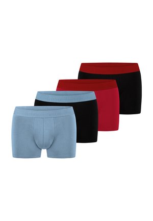 Four men's boxer briefs in blue, black with blue waistband, red with red waistband, and black with red waistband, arranged in a staggered row.