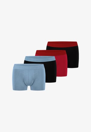 Four men's boxer briefs in blue, black with blue waistband, red with red waistband, and black with red waistband, arranged in a staggered row.