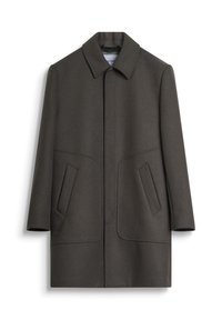 Donkergrijze wollen jas met een kraag, sluiting aan de voorkant en twee grote zijzakken. Heeft een soepele textuur en een geknipte pasvorm.