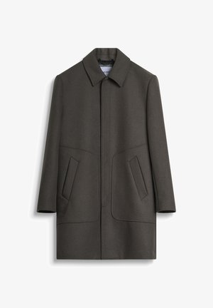 Donkergrijze wollen jas met een kraag, sluiting aan de voorkant en twee grote zijzakken. Heeft een soepele textuur en een geknipte pasvorm.