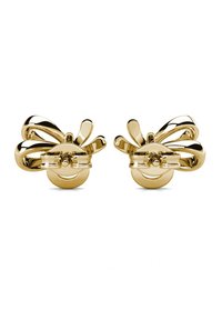 Goldfarbene Ohrringe mit einem geschichteten, schleifenähnlichen Design, das glatte, gebogene Elemente und eine runde Rückseite aufweist. Eine polierte Oberfläche verstärkt den Glanz.