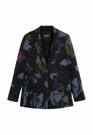 Zwarte blazer met een multikleurig bloemen- en abstract design. Heeft twee zakken aan de voorkant, een enkele knoop en een ingesneden revers.