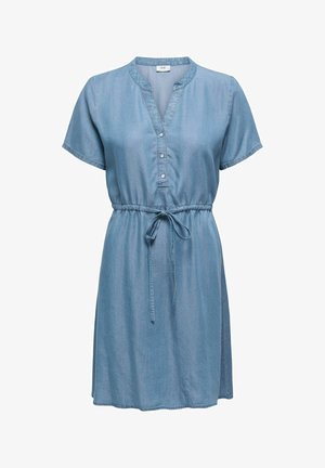 Hele sinine teksakleit lühikeste varrukatega, V-kaelusega, esi-nööpimisega ja paelaga vöökohal, mis võimaldab reguleerida sobivust. Sile tekstuur.