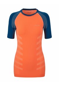 Koszulka sportowa z krótkim rękawem w kolorze pomarańczowym z niebieskimi akcentami, z teksturowanymi panelami bocznymi i okrągłym dekoltem, wykonana z elastycznego, oddychającego materiału.