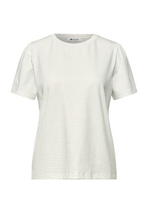 Weißes T-Shirt mit kurzen Ärmeln und Rundhalsausschnitt, dezenten horizontalen grauen Streifen, leicht tailliertem Schnitt und einem Street One-Label am Halsausschnitt.