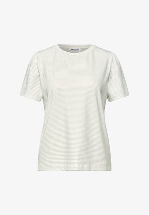 Witte T-shirt met korte mouwen en ronde hals, met subtiele horizontale grijze strepen, licht aangesloten pasvorm en een Street One-label bij de halslijn.
