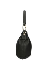 Zwarte leren handtas met een ronde vorm, textuur op het oppervlak en een kort handvat. Heeft een goudkleurige ring en een sluitingdetail.