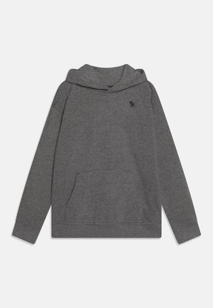 Grauer Hoodie mit einer Fronttasche, einer breiten Kapuze und einem kleinen schwarzen Logo auf der Brust. Hergestellt aus weichem, strukturiertem Stoff. Mit langen Ärmeln.