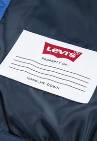 Blå stoffetikett med hvit bakgrunn og "Levi's" i rødt tekst. Linjer for detaljer; leser "HAND-ME-DOWN." Flat, rektangulær form.