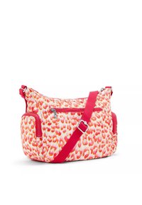 Stoff Schultertasche mit einem pinken und orangefarbenen Leopardenmuster, roten Akzenten, verstellbarem Trageriemen und mehreren Reißverschlusstaschen.