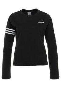 Sweat-shirt noir à manches longues, col rond, avec trois bandes horizontales blanches sur la manche gauche. Présente le logo Adidas en blanc.