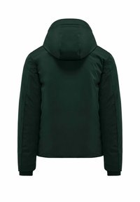Ciemnozielona kurtka ocieplana z kapturem, elastycznymi mankietami i gładką teksturą. Widok z tyłu ukazuje prosty, nieozdobiony design.