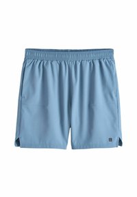 Shorts de sport pour hommes bleu clair avec taille élastique, poches latérales et petit logo sur l'ourlet inférieur gauche, présentés sur un fond blanc.