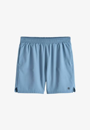 Gaiši zili vīriešu sporta šorti ar elastīgu jostu, sānu kabatām un nelielu logotipu kreisās apakšējās malas pusē, attēloti uz balta fona.