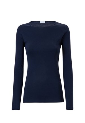 Maglia a maniche lunghe di colore blu navy realizzata in tessuto liscio. Presenta un colletto girocollo e un design aderente, adatta per essere stratificata o per un look informale.