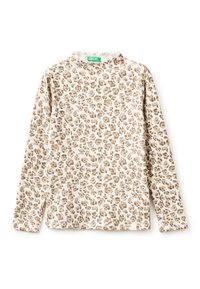 Dlouhý rukáv triko vyrobené z žebrované tkaniny, s krémovým podkladem a hnědým leopardím vzorem, a kulatým výstřihem.