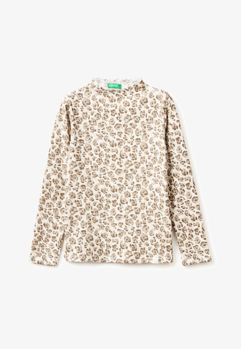 Dlouhý rukáv triko vyrobené z žebrované tkaniny, s krémovým podkladem a hnědým leopardím vzorem, a kulatým výstřihem.