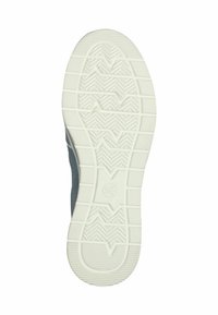 Shoe sole with a textured white rubber outsole, featuring zigzag and herringbone patterns for traction, angled side view with minimal design.
