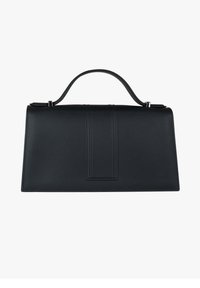 Borsa a mano in pelle nera con una forma strutturata, dotata di manico superiore e corpo rettangolare con dettagli sottili di cuciture e pannelli.