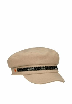 Beige woolen baker boy cap with black sequin band and small round orange emblem on the side.