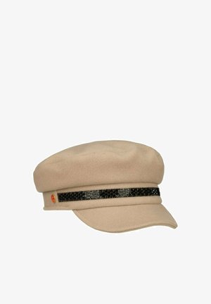 Beige woolen baker boy cap with black sequin band and small round orange emblem on the side.