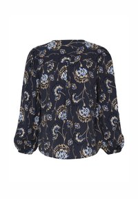 Marineblouse met bloemmotief in blauw en beige. Lange, gebloemde mouwen en een gerimpeld detail aan de achterkant. Gestructureerde stof met subtiele strepen.