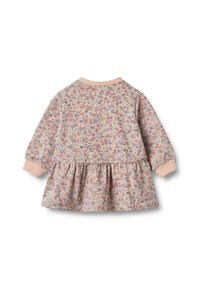 Kleider mit Blumenmuster aus weichem Stoff, langen Ärmeln und geraffter Taille. Hauptfarben sind Pink, Blau und Weiß. Mit akzentuiertem Ausschnitt.