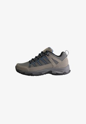 Grey and black hiking shoe with blue accents, thick tread sole, lace-up front, suede and mesh material, and heel pull tab.