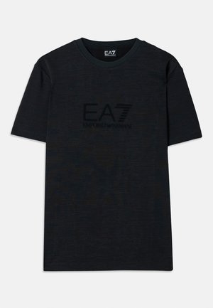 Black cotton t-shirt with short sleeves, features a round neckline and a subtle embossed EA7 Emporio Armani logo on the front.