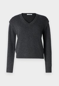 Maglione grigio scuro a maglia con scollo a V, maniche lunghe e orlo a coste. Texture morbida e design aderente. Stile minimalista e informale.