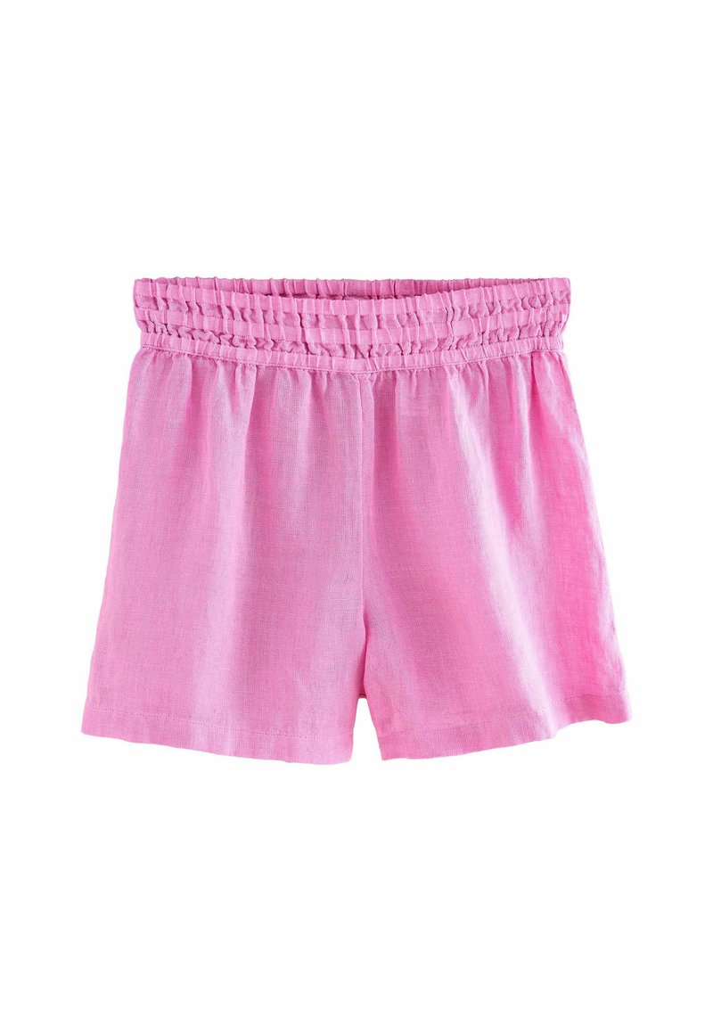 Rosa linshorts med en samlad elastisk midja och en lös, avslappnad passform, lämpliga för avslappnad användning.
