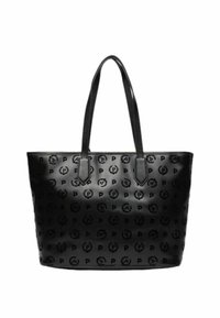 Borsa tote nera realizzata in materiale lucido con motivi circolari in rilievo e logo. Presenta due manici lunghi e un design strutturato.