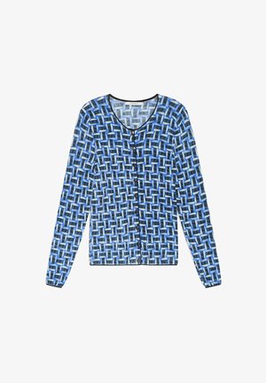 Cardigan blu con motivo geometrico di quadrati in diverse tonalità. Maniche lunghe, scollo rotondo, chiusura frontale con bottoni e bordo a contrasto.